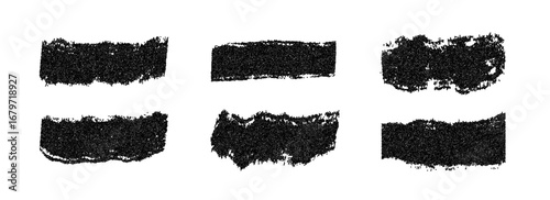 Grunge brush stroke collection. Rough textured grainy dirty stripe set. Gritty dotted distressed elements for text box, banner, poster, label, badge, collage, frame, border. Vector stippled stain pack