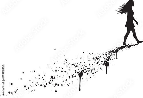 Silhouette of a woman walking on a pathway created with dark ink