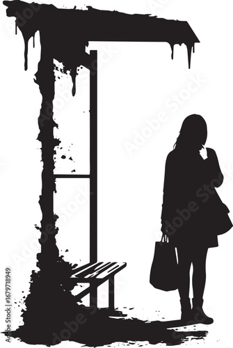 Monochrome depiction of a lone woman waiting at a stylized bus s