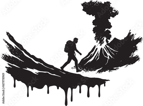 Silhouette of intrepid hiker trekking across rugged terrain near