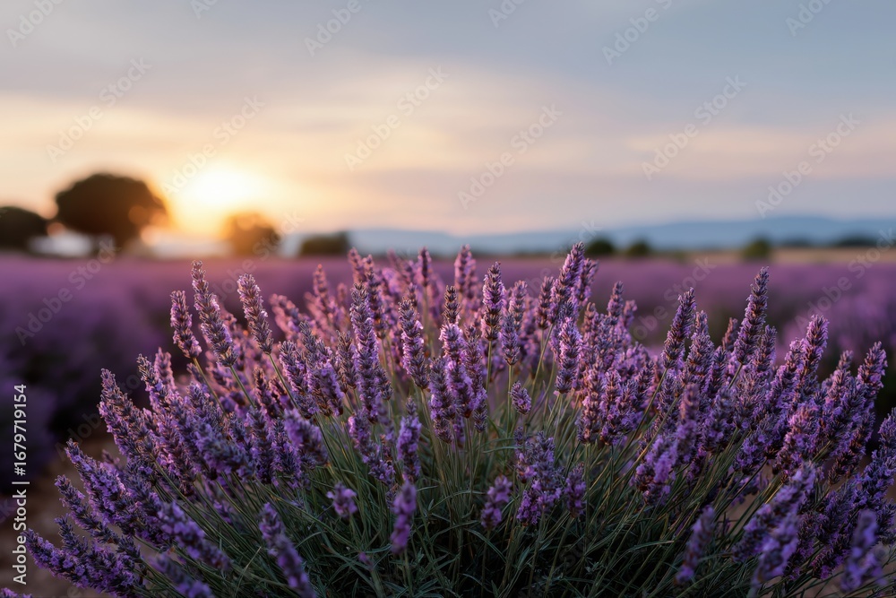 Obraz premium Lavender fields at sunset with vibrant blooms in a serene landscape