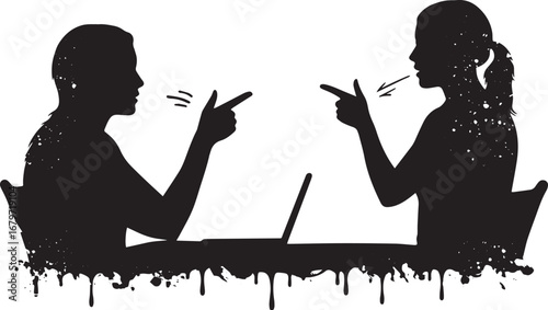 Silhouettes of People Arguing at a Table with Laptop, Business D