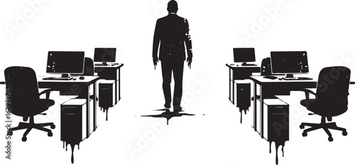 Silhouette of a man walking away from office desks against white