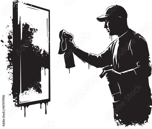 Monochrome depiction of a figure cleaning a mirror revealing ano