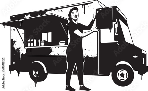Happy food truck owner attaching menu to her restaurant on wheel