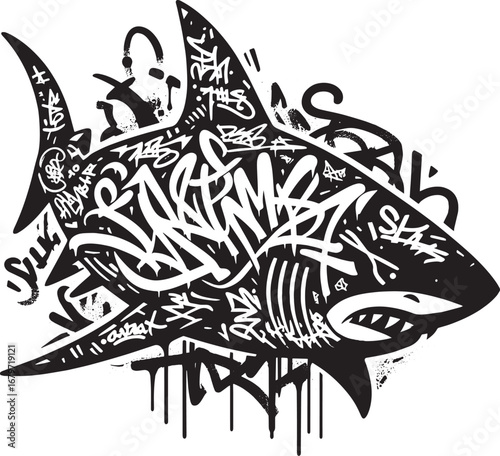 Artistic Graffiti Shark Illustration: A Bold Black and White Design for Creative Projects