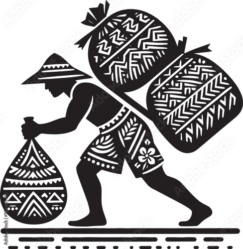 Silhouette of a person carrying heavy bags with traditional patterns, african worker