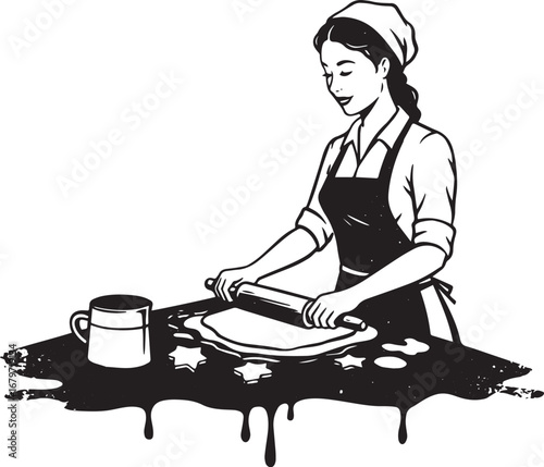 Vintage illustration of a woman baking, rolling dough for cookie