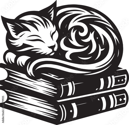 Sleeping cat curled up on a stack of books, a black and white illustration design