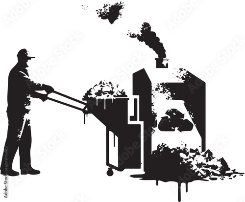 Worker processing waste with recycling system stencil, contrasti