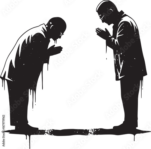 Black and white artwork presenting two businesspeople bowing pol