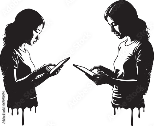 Monochrome Illustration: Two Women Engrossed in Tablets with Gra