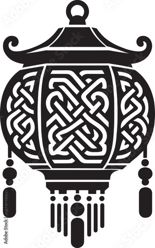 Elegant Black and White Chinese Lantern Illustration with Intricate Geometric Design