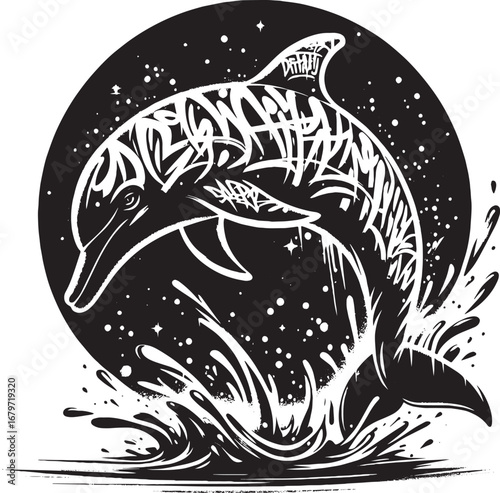 Unique black and white dolphin illustration with graffiti style art and water splash effects