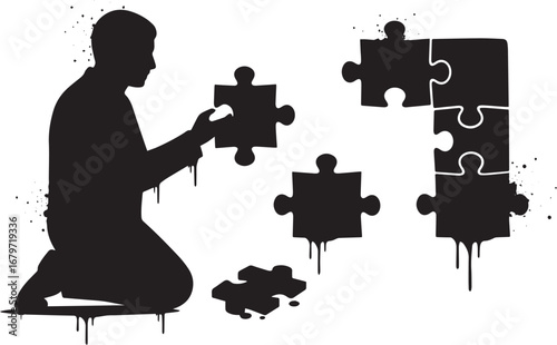 Silhouette of a man solving a puzzle representing challenges and
