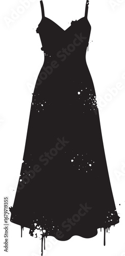 Elegant black maxi dress silhouette with distressed, ink splatte