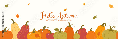 Autumn Illustration with Pumpkins Falling Leaves and Hand Lettering Hello Autumn We Have Been Waiting on You Seasonal Vector Artwork with Decorative Border for Fall and Thanksgiving Design