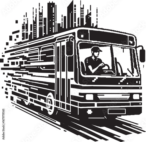 Illustration of a City Bus with a Driver and Abstract City Skyline in Monochrome Style