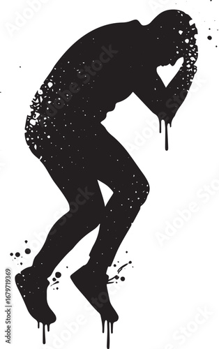Silhouette of a distressed person formed from splashing blots, a
