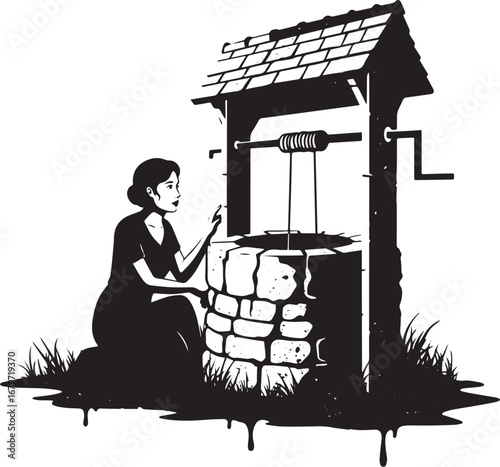 Monochrome illustration of a woman seated near an old wishing we