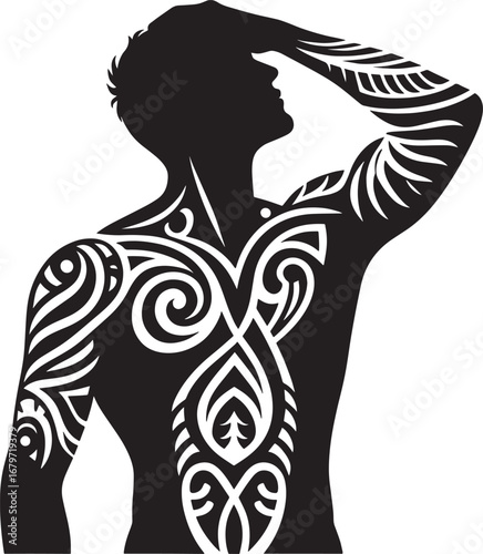 Silhouette of a Man with Tribal Tattoos, Showing Art and Body Adornment, Vector Illustration