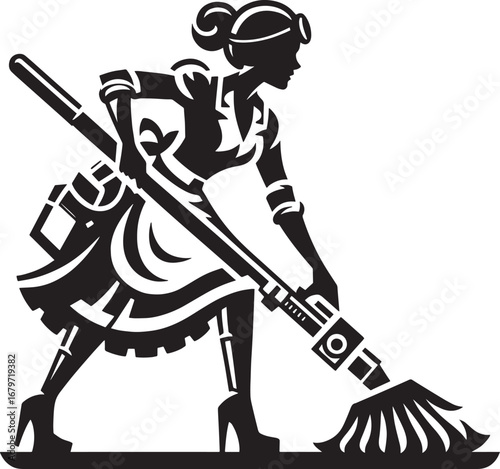 Silhouette of a woman cleaning with a futuristic mop in a stylized black and white illustration