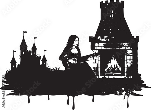 Medieval fantasy silhouette artwork of woman with lute near cast