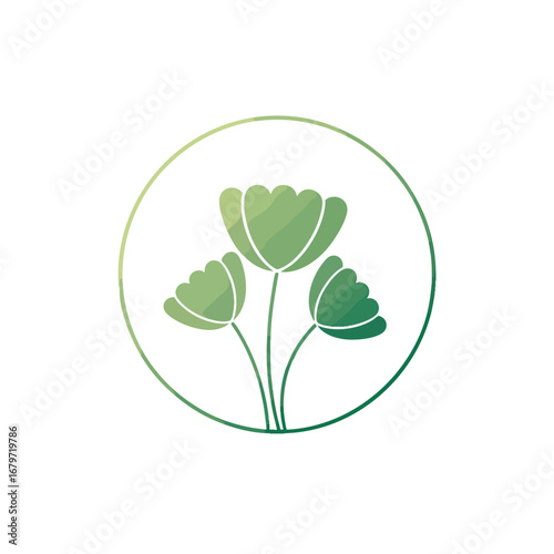 Three stylized green poppies in a circle logo.