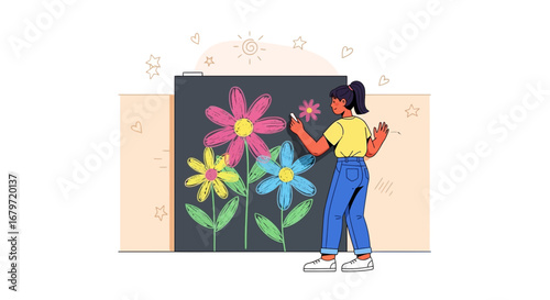 Creative Young Woman Illustrates Vibrant Floral Art on a Blackboard with Chalk