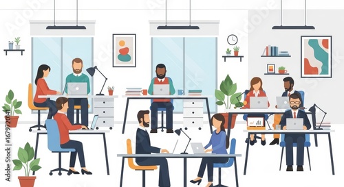 Diverse Business Team Working on Laptops in a Modern Open Plan Office Illustration