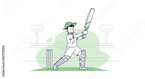 Cricket Player Ready to Hit the Ball with Bat on Field Vector Illustration
