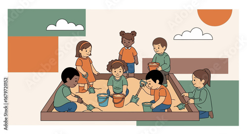 Children Playing Together in Sandbox, Enjoying Colorful Games and Summer Fun Activity