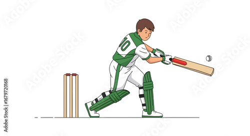 Cricket Player Hitting The Ball in Colorful Flat Illustration Design Art