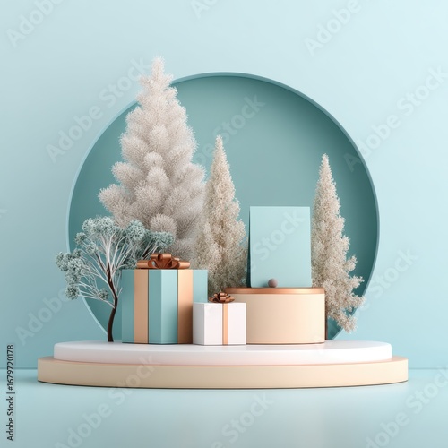 Abstract minimal mock up scene, holiday Christmas with a gift box, podium empty and Christmas tree