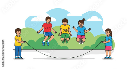 Children playing with jump rope in the park, cheerful kids having fun, vector illustration