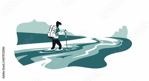 Crossing River With Backpack, Achieving Goals, Overcoming Obstacles, Successful Journey Ahead