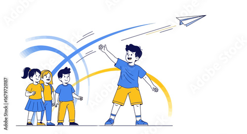 Children playing with a paper airplane outdoors, concept of childhood, play and fun