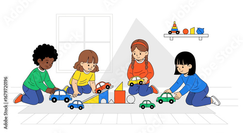 Children Playing With Toys, Cars and Blocks in a Playroom, Happy Cartoon Illustration