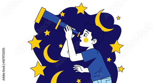 Curious Boy Gazing Through Telescope Discovering the Mystery of the Cosmos