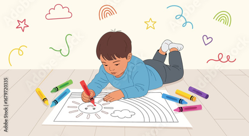 Child's Artistic Expression: Drawing and Coloring a Joyful Rainbow Scene with Vibrant Crayon