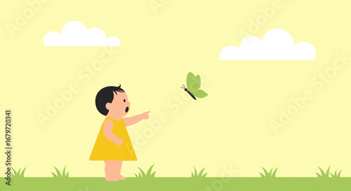 Child's Astonishment: A Moment Of Wonder at a Green Butterfly on a Sunny Day
