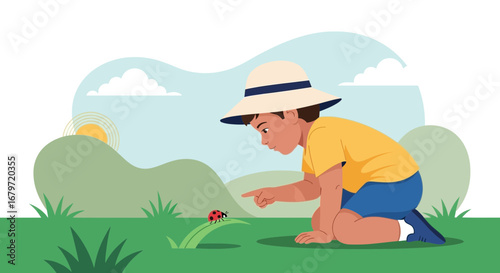 Curious Boy Observing Ladybug, Discovering Nature's Tiny Marvels In Green Meadow