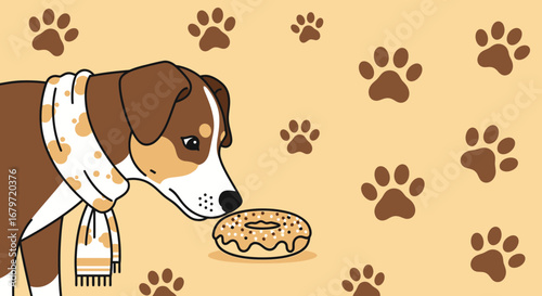 Curious Canine Contemplating a Delicious Doughnut Amidst Playful Paw Prints Design
