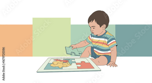 Child's Concentration Assembles Puzzle Pieces Demonstrating Early Problem-Solving Skills