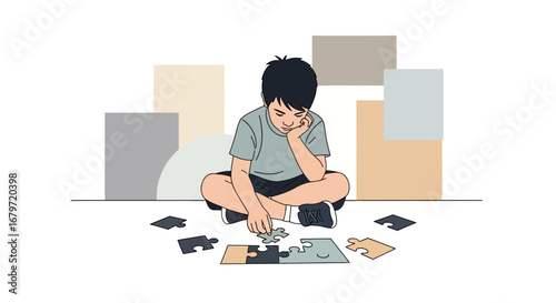 Child's Concentration While Assembling a Puzzle, Focus, And Logical Thinking