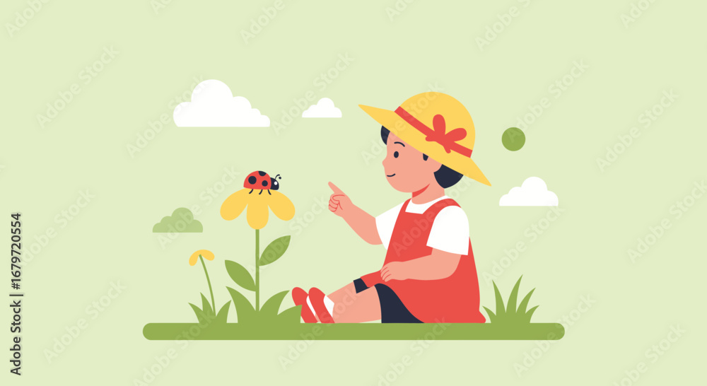 Naklejka premium Curious Child Observing a Ladybug Perched on a Yellow Flower in the Meadow