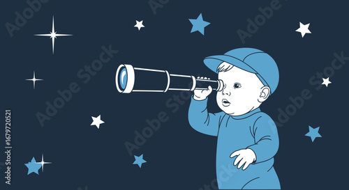 Curious Child Gazing Through Telescope Exploring Night Sky Full Of Stars