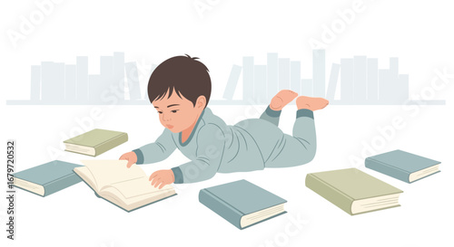 Curious Child Immersed In Books Discovering The Joy Of Reading With Enthusiasm