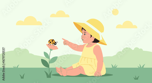 Curious Child in Yellow Hat Observing Ladybug Resting on a Floral Bloom of the Meadow