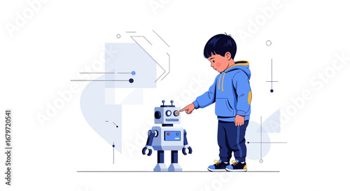 Curious Child Interacting With A Robot Demonstrating Human Interaction and Robotic Technology
